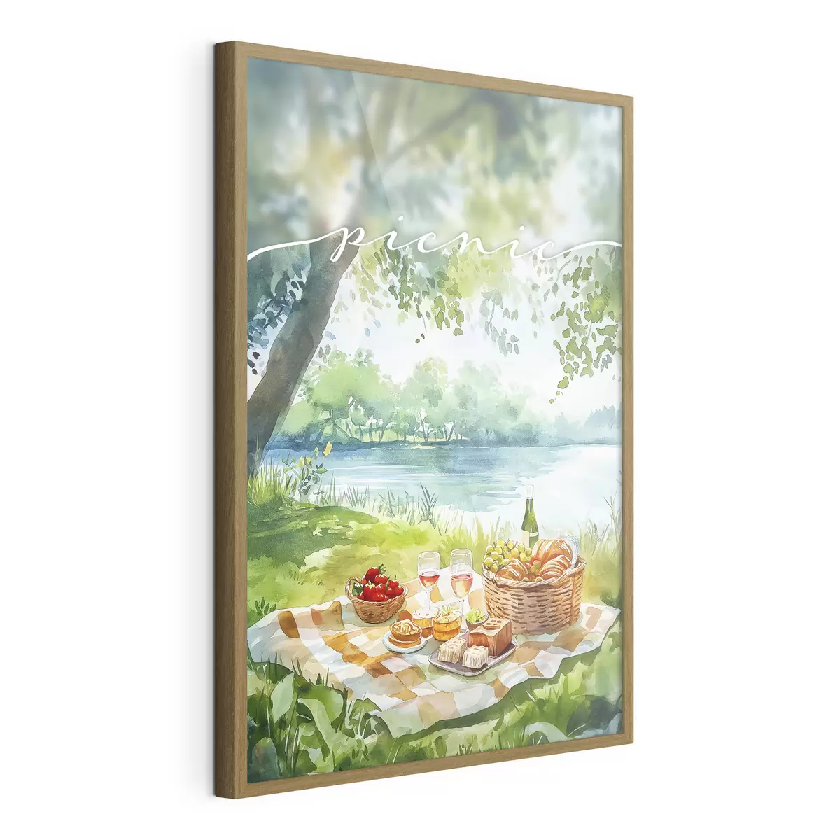 Poster Esthétique du pique-nique, nature estivale, lac, romantique, style aquarelle f42450