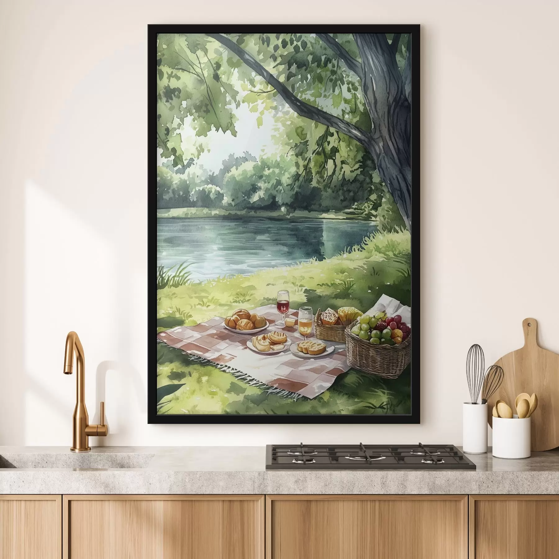 Papier peint Beau pique-nique romantique au bord d'un lac d'été, fruits, verdure f42451