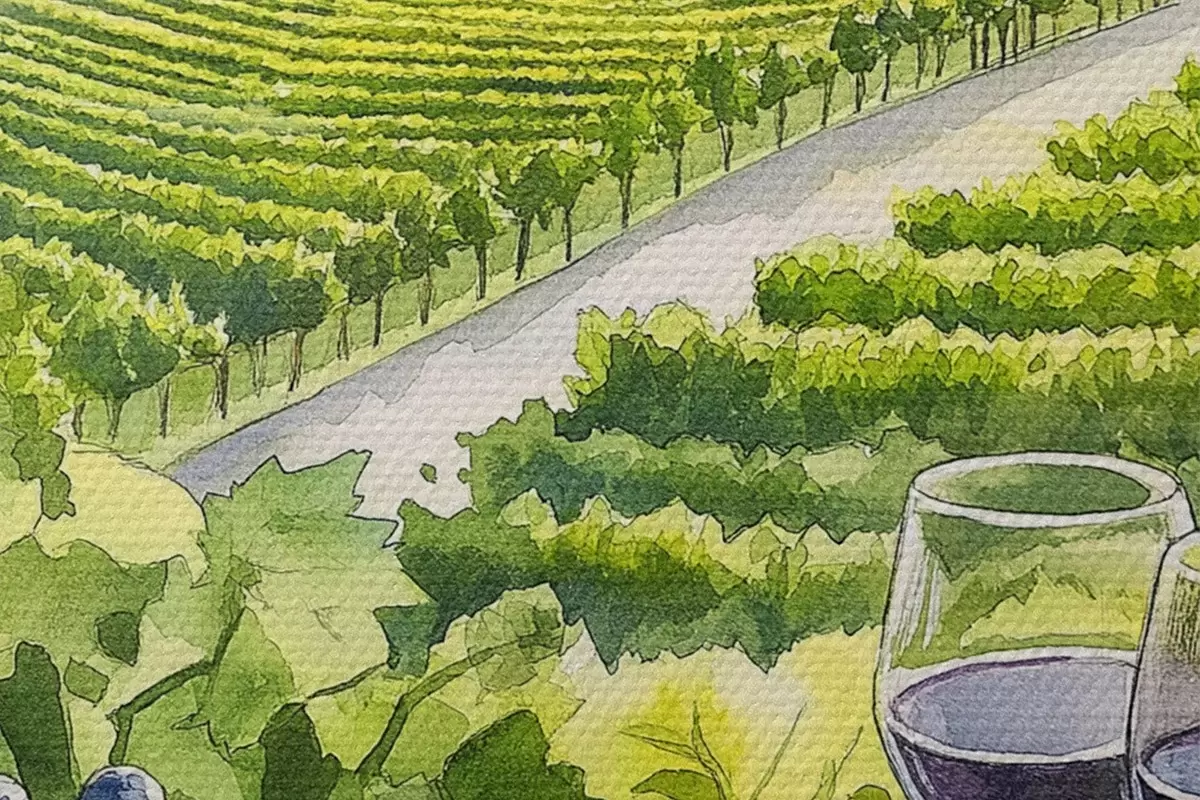 Tableaux rondes Jardins de pêche, paysages de style aquarelle, verres à vin r42444