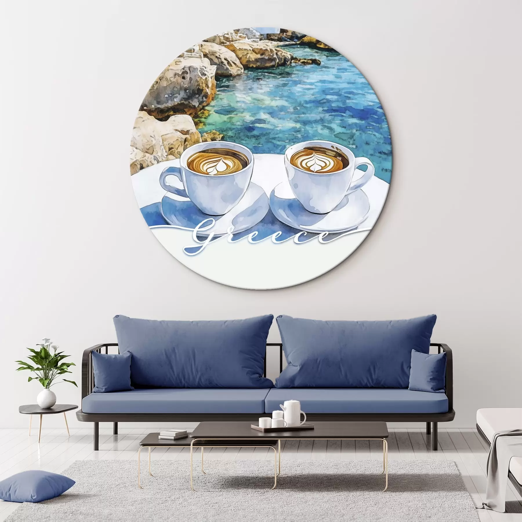 Tableau Grèce esthétique, tasses de café, mer bleue, vieille ville, voyage r42447
