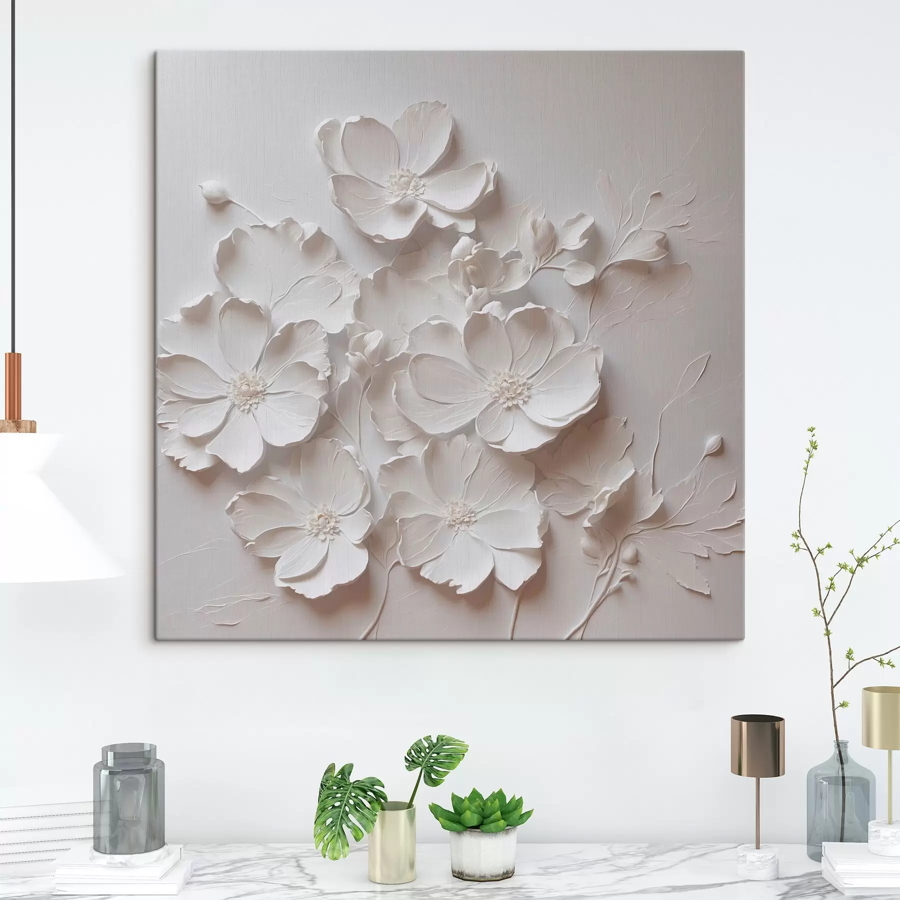 Papier peint Fleurs blanches sur fond blanc dans le style de la peinture à l'huile s42516