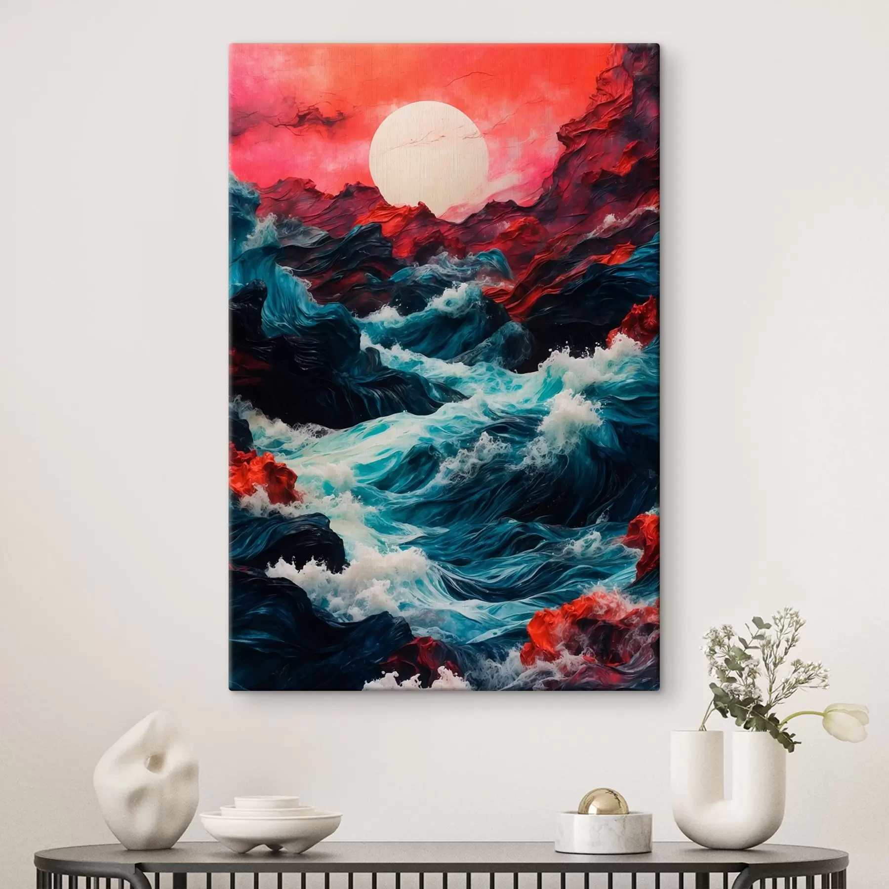 Tableau Mer agitée et soleil blanc s42519
