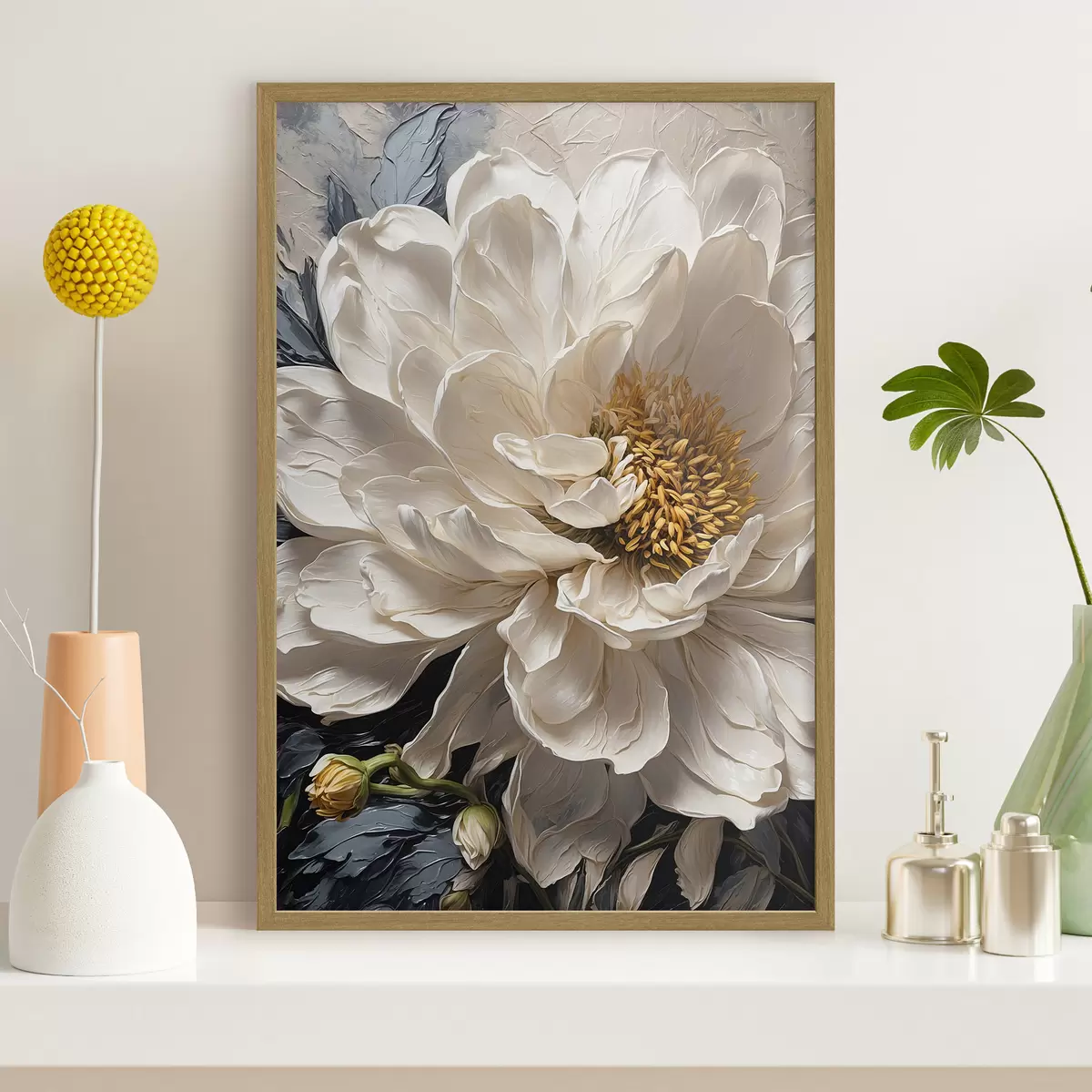 Poster Fleur blanche sur fond bleu-beige f42523