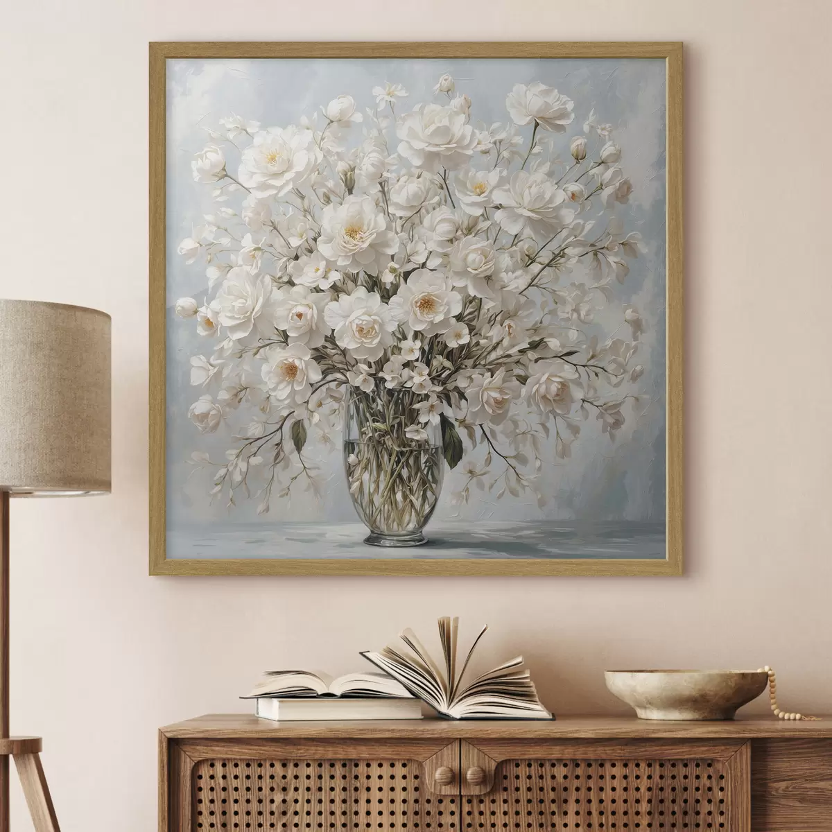 Poster Fleurs blanches dans un vase transparent en peinture acrylique f42545