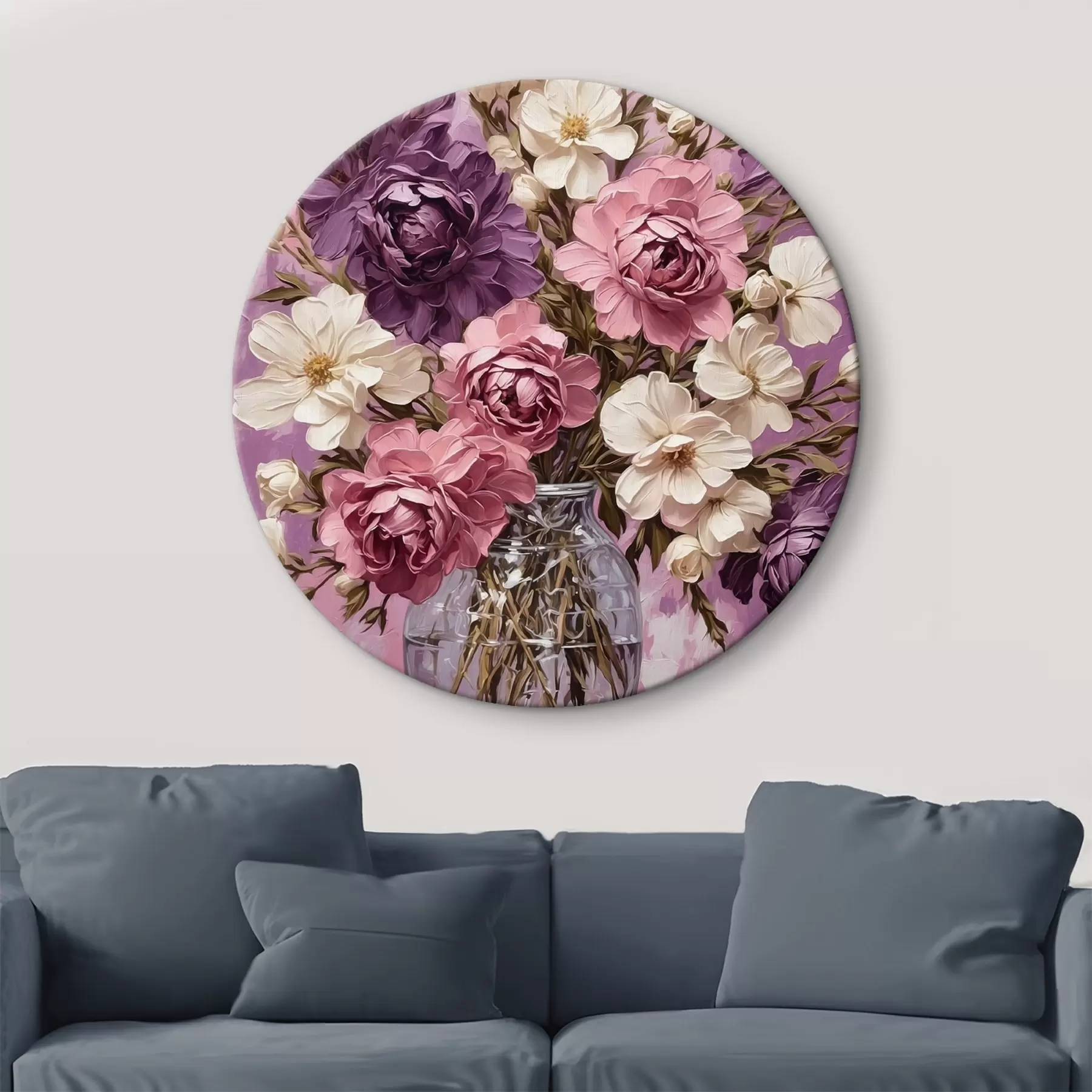 Tableau Fleurs dans un vase transparent sur fond violet r42535