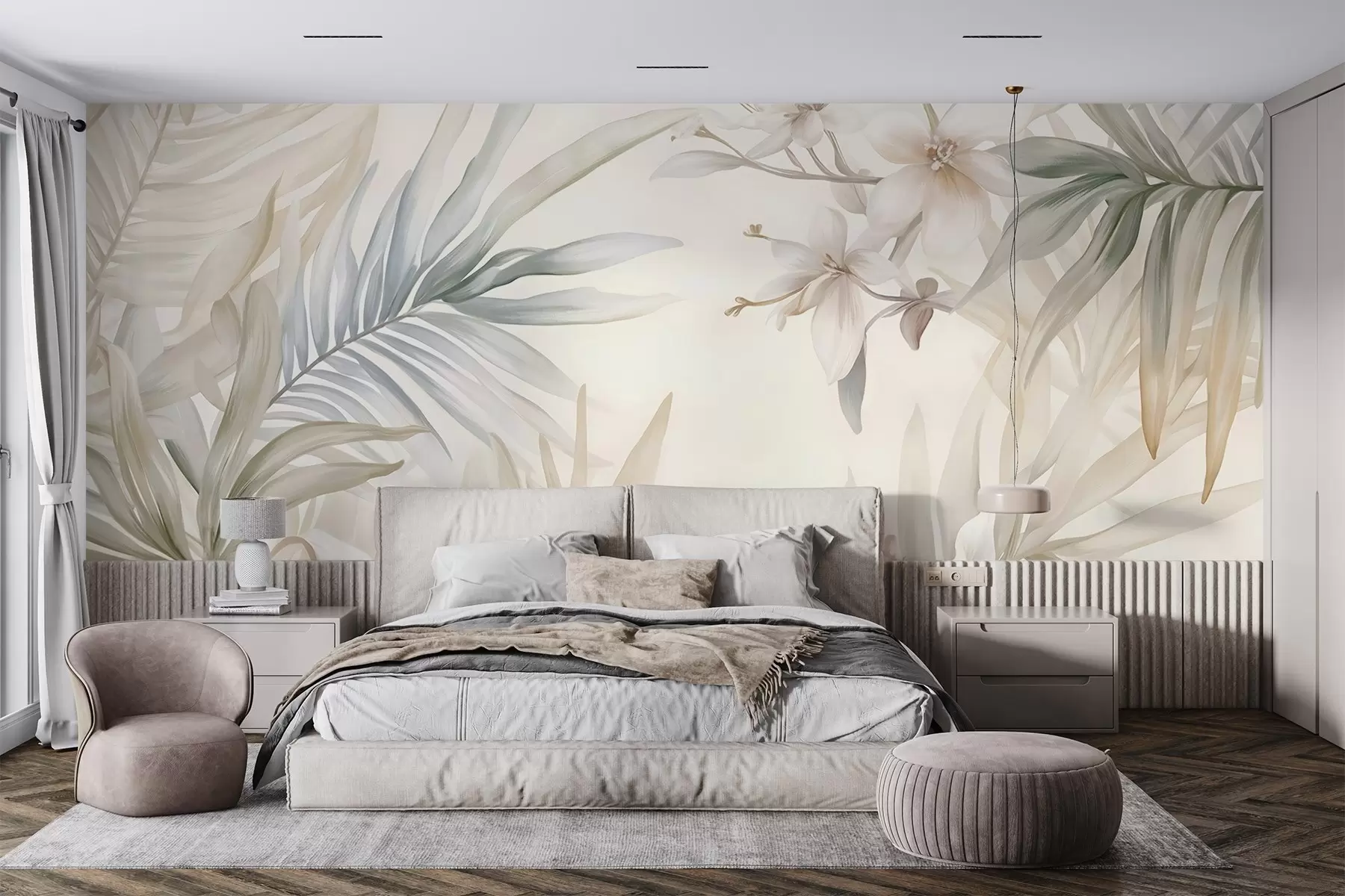 Papier peint Feuilles et fleurs tropicales aux couleurs pastel, avec des verts clairs, des crèmes et des roses subtils w08660