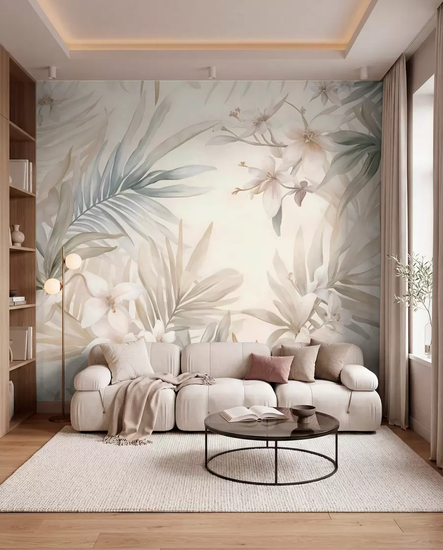 Papier peint Feuilles et fleurs tropicales aux couleurs pastel, avec des verts clairs, des crèmes et des roses subtils w08660