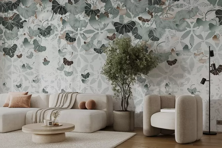 Papier peint Feuilles de ginkgo en cascade dans des tons de vert et de brun, sur un fond texturé avec des motifs floraux  w08662