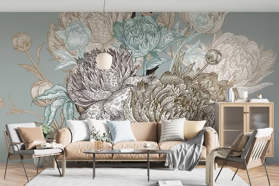 Papier peint Un motif floral détaillé comprenant de grandes pivoines et des feuilles dans des tons bleus, beiges et bruns w08663