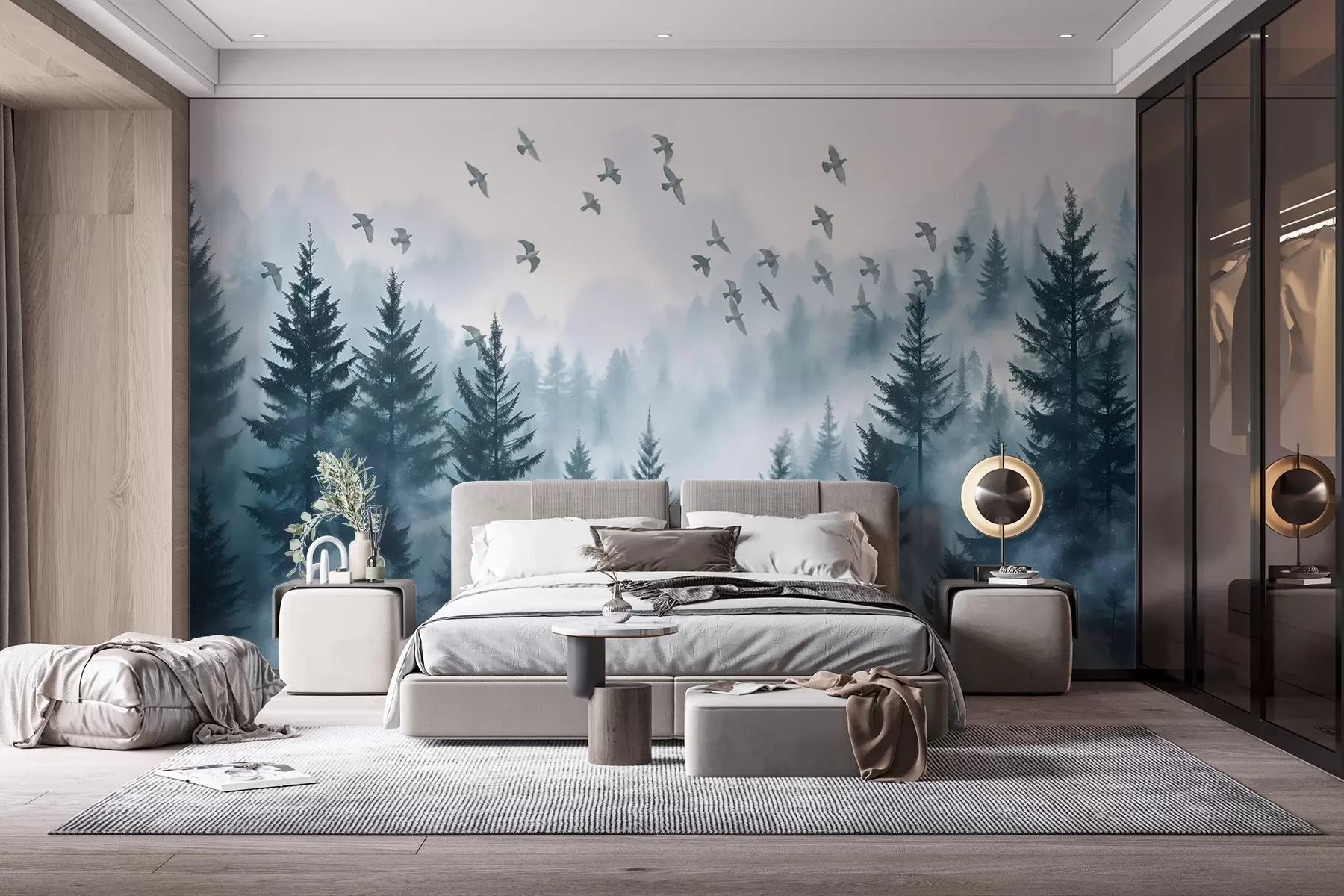 Papier peint Forêt brumeuse et paisible avec des arbres dans les tons bleus et une volée d'oiseaux volant dans le ciel  w08664