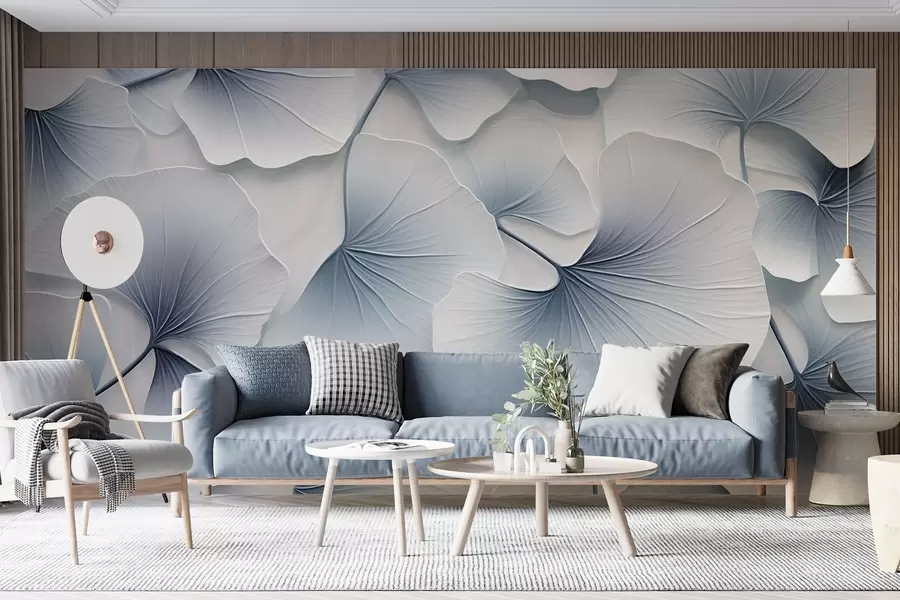 Papier peint Feuilles de ginkgo bleu clair avec des dégradés doux et des veines délicates, se chevauchant les unes les autres  w08666