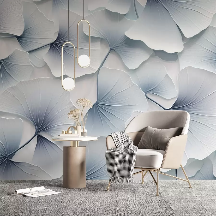 Papier peint Feuilles de ginkgo bleu clair avec des dégradés doux et des veines délicates, se chevauchant les unes les autres  w08666