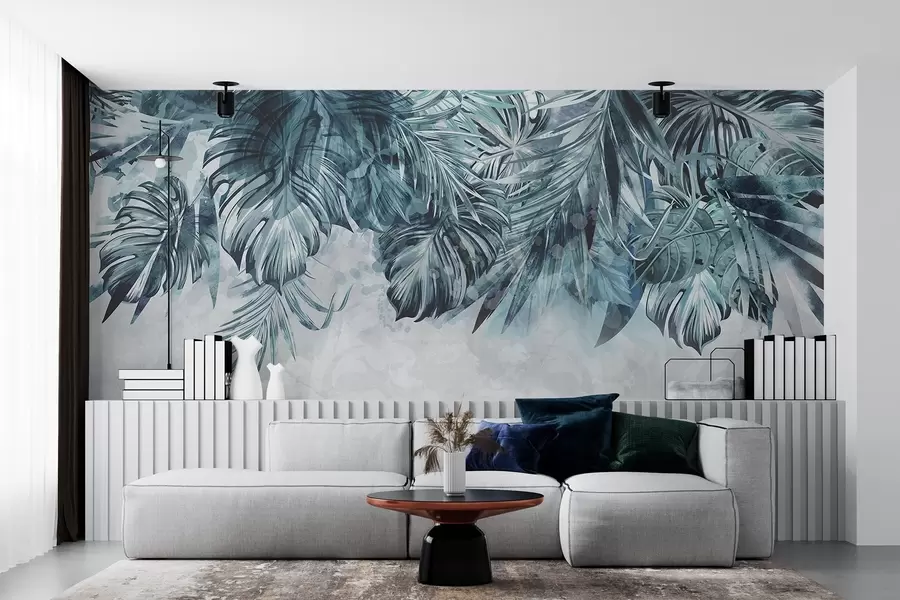 Papier peint Feuilles tropicales dans les tons sarcelle et vert, tombant en cascade, sur un fond léger et texturé w08667