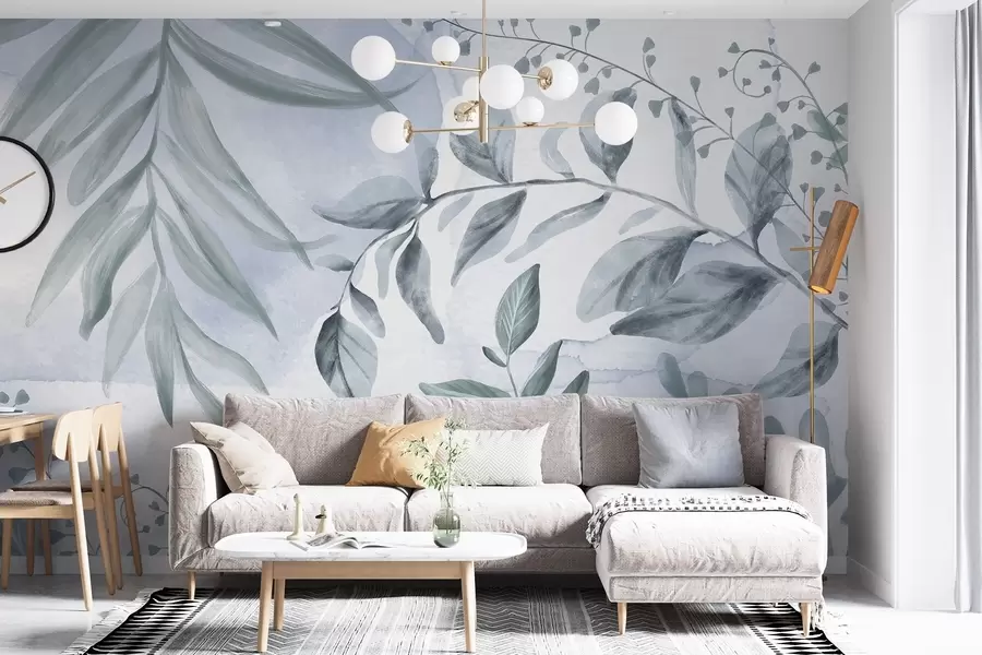 Papier peint Impression botanique avec des feuilles et des branches florales dans des couleurs pastel douces, sur un fond ressemblant à une aquarelle w08668v1