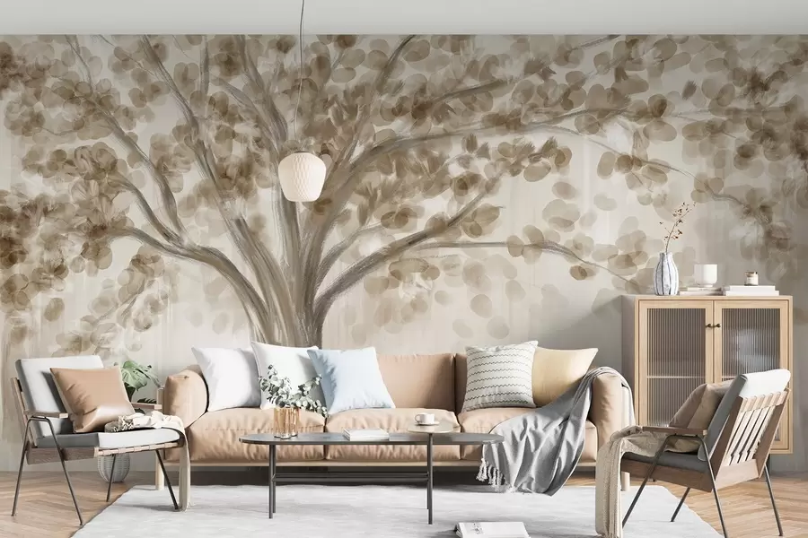Papier peint Un grand arbre avec des feuilles douces et abstraites de couleur beige sur un fond clair et neutre mettant en valeur les tons de l'arbre  w08669