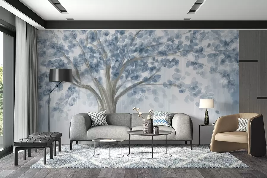 Papier peint Un grand arbre avec des feuilles douces et abstraites en bleu sur un fond clair et neutre mettant en valeur les tons de l'arbre  w08669v1