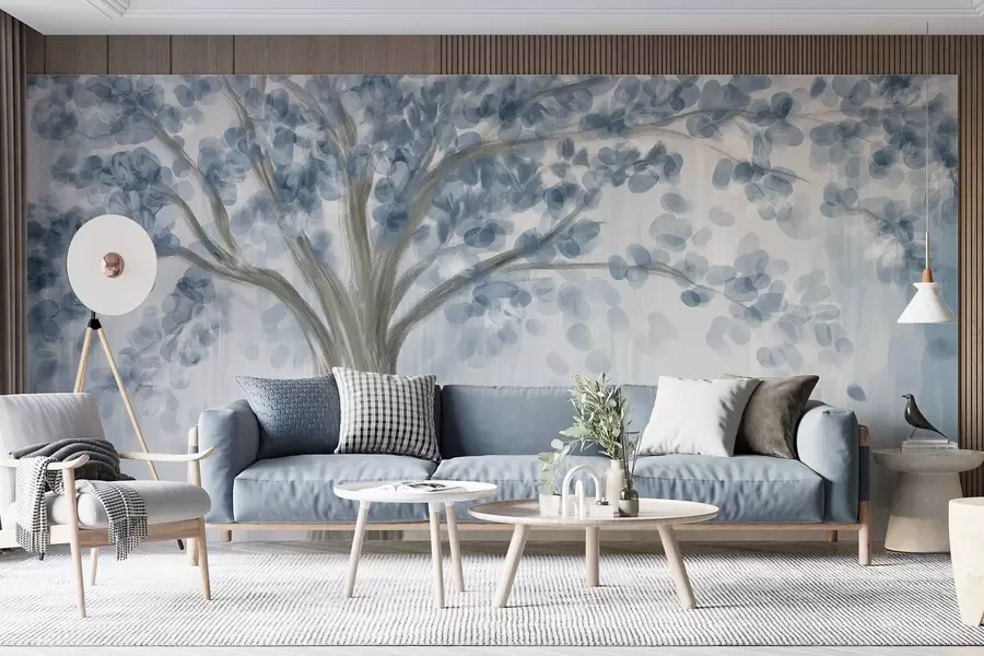 Papier peint Un grand arbre avec des feuilles douces et abstraites en bleu sur un fond clair et neutre mettant en valeur les tons de l'arbre  w08669v1