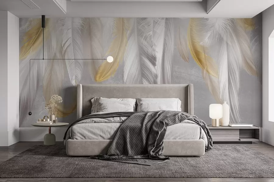 Papier peint Plumes blanches et jaunes suspendues sur un fond gris doux, créant une composition délicate et aérienne w08670