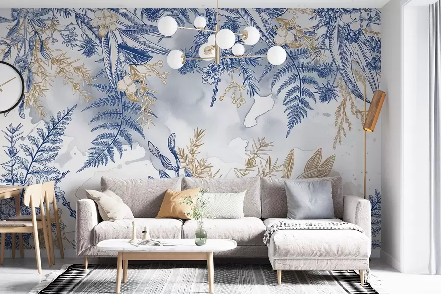 Papier peint Un imprimé floral avec des éléments botaniques bleus et jaunes, sur un fond léger et doux avec des effets d'aquarelle  w08671