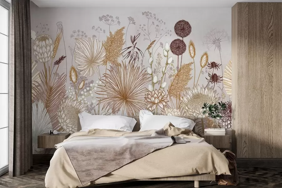 Papier peint Fleurs et plantes dans des tons chauds de beige, dans un style botanique mettant en valeur une variété de formes et de textures  w08672