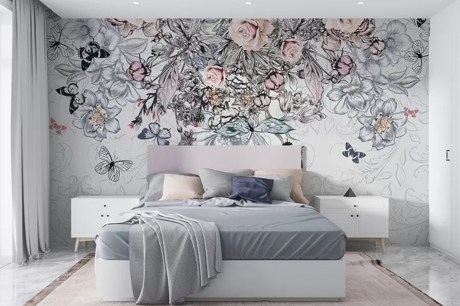 Papier peint Dessin floral avec des roses roses et diverses fleurs et papillons avec un dessin au trait complexe sur fond texturé w08674