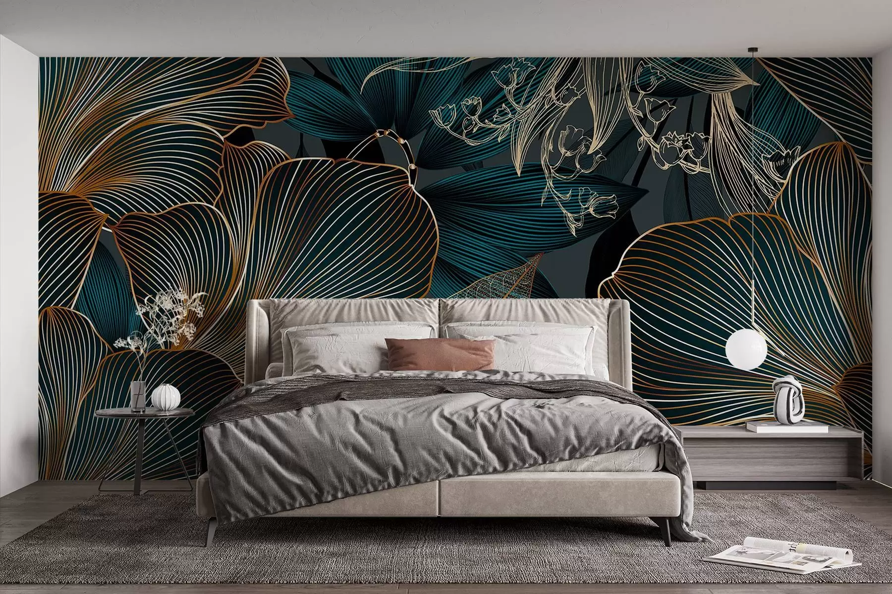 Papier peint Fleurs et feuilles stylisées avec un travail de ligne complexe dans les tons sarcelle et jaune sur fond sombre w08675