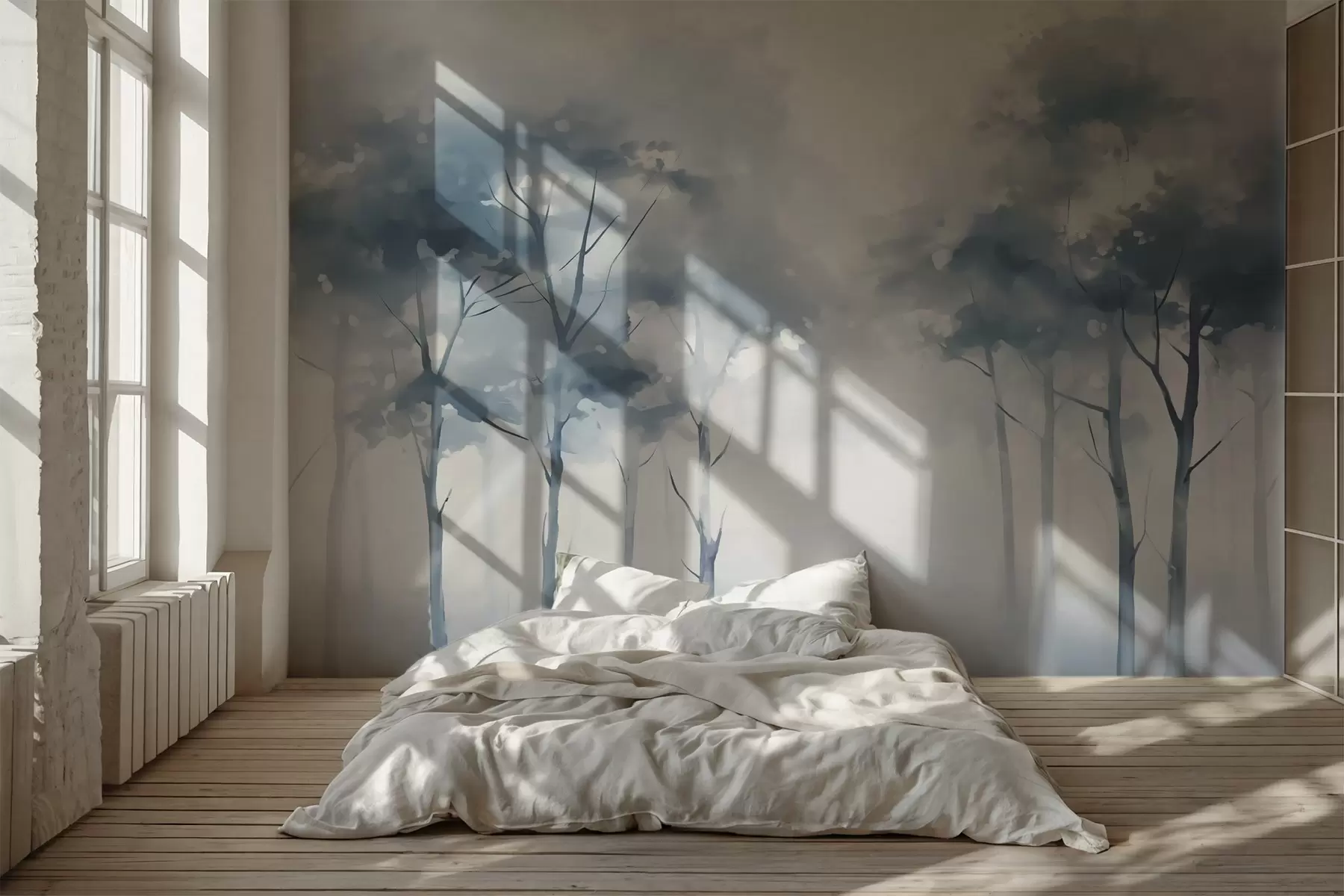 Papier peint Silhouettes d'arbres imitation aquarelle mouillée w02927