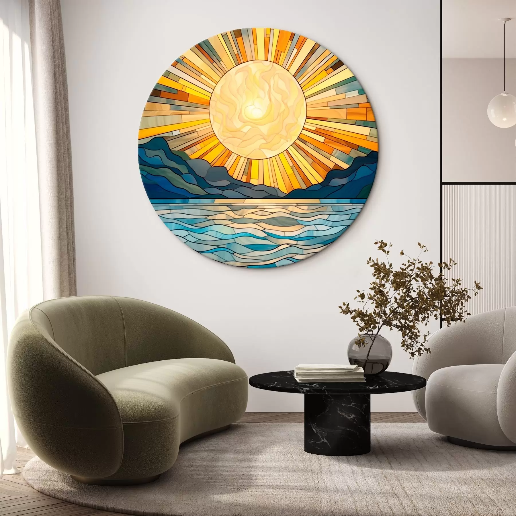 Tableau Soleil et vagues dans le style de l'art du vitrail r42654