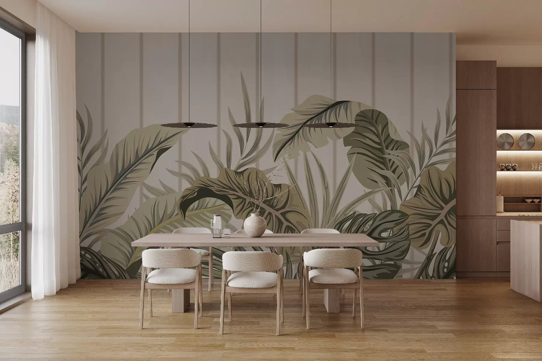 Papier peint Motif de feuillage tropical dans des tons verts et beiges atténués sur un fond clair avec des lignes verticales w08683