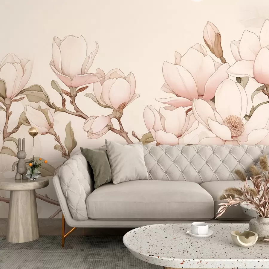 Papier peint Branches de magnolias aux fleurs roses délicates sur un fond clair, créant une atmosphère sophistiquée et calme w08688