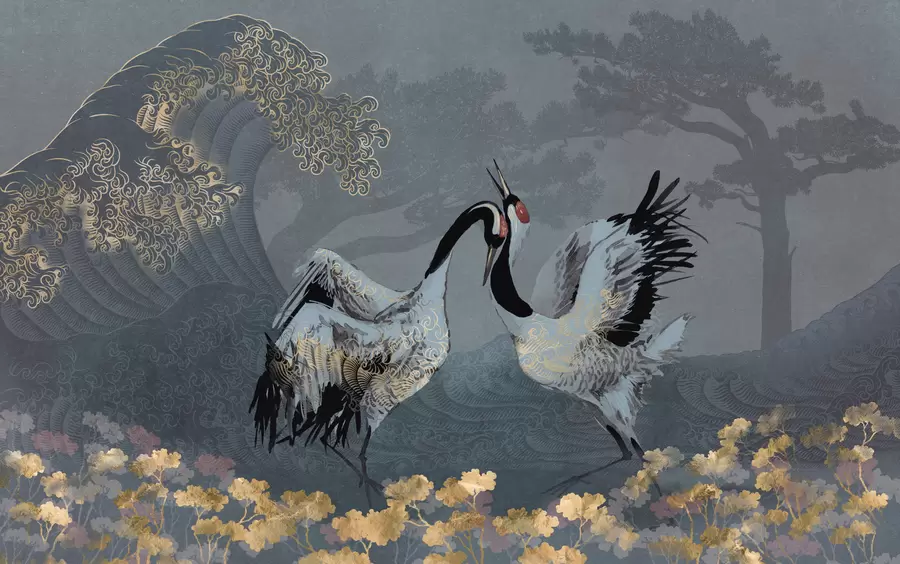 Papier peint Grues, arbres et vagues avec des éléments de style chinois w02747