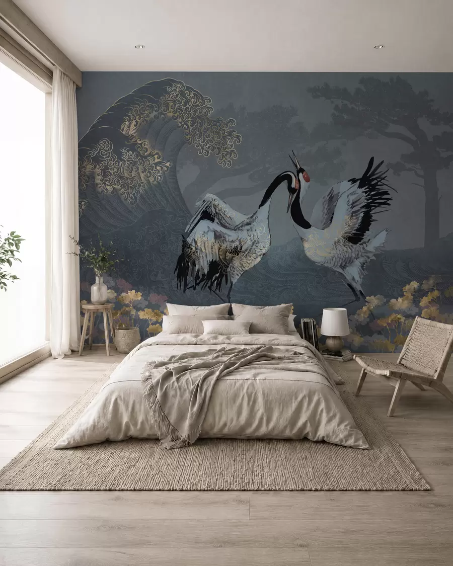 Papier peint Grues, arbres et vagues avec des éléments de style chinois w02747