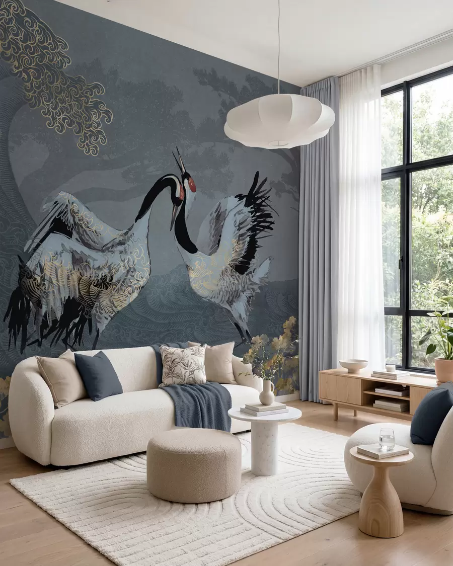 Papier peint Grues, arbres et vagues avec des éléments de style chinois w02747