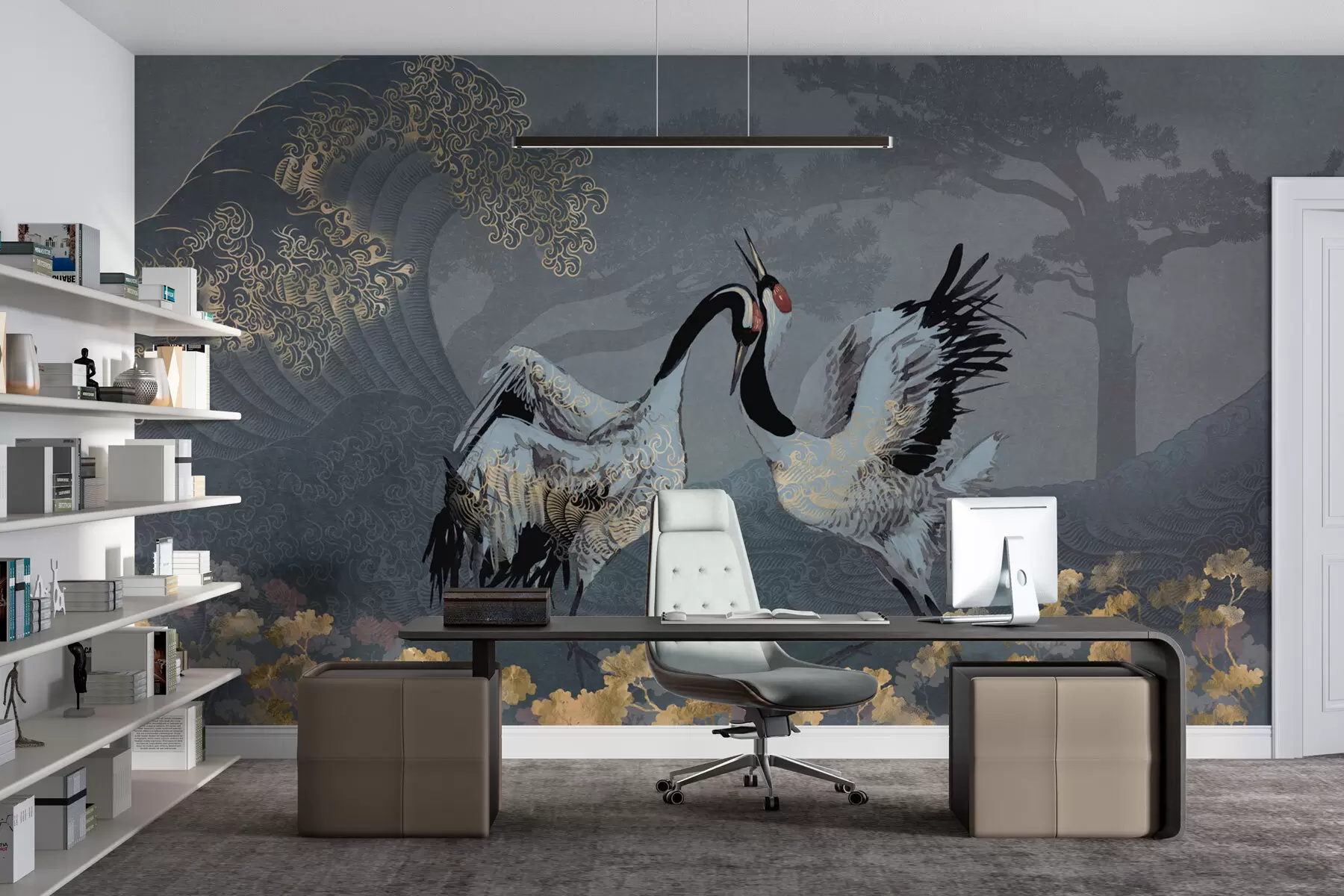 Papier peint Grues, arbres et vagues avec des éléments de style chinois w02747