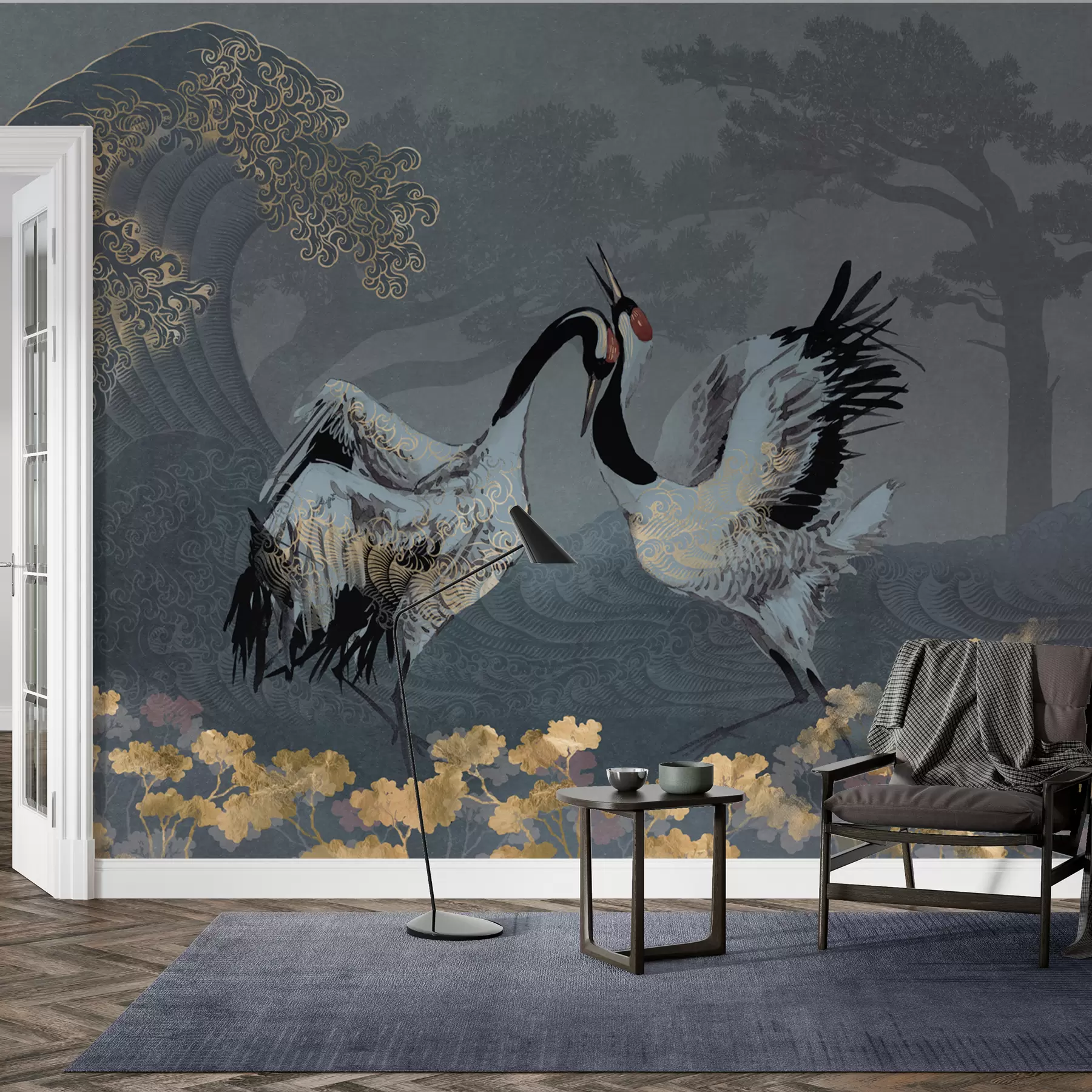 Papier peint Grues, arbres et vagues avec des éléments de style chinois w02747