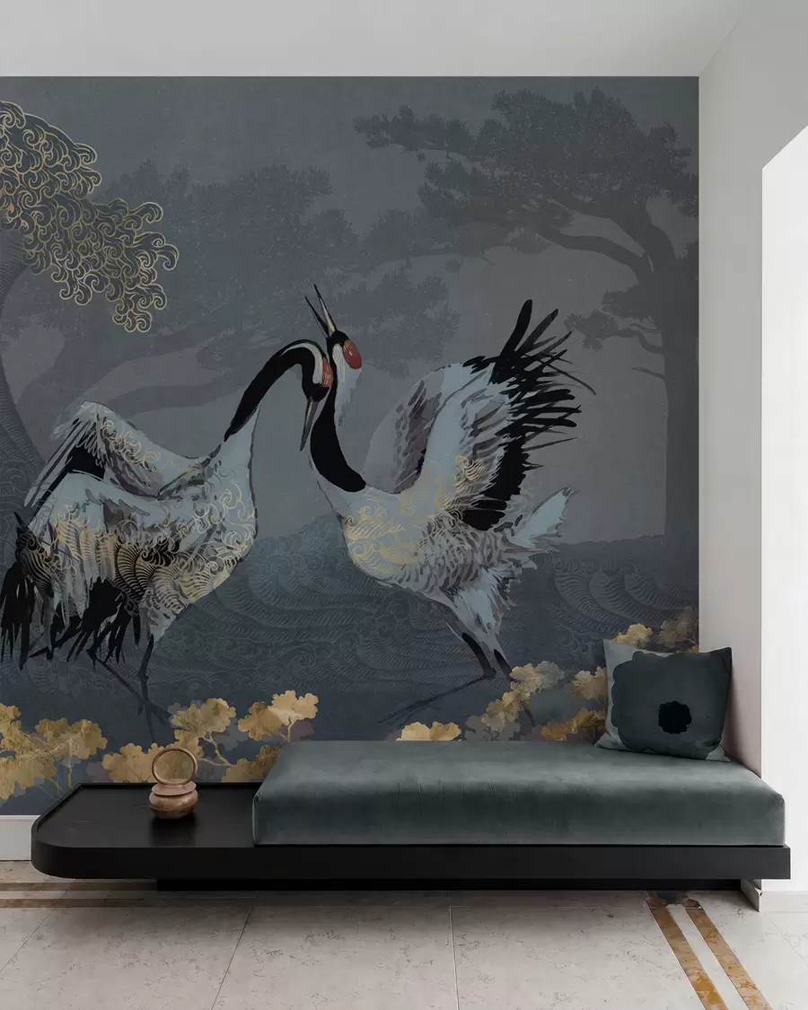 Papier peint Grues, arbres et vagues avec des éléments de style chinois w02747