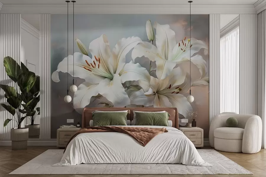 Papier peint Elégants lys blancs dans des tons pastel avec une texture imitant les coups de pinceau w08678