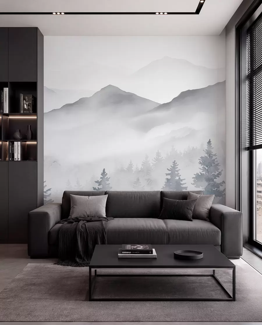 Papier peint Paysage de montagne serein avec des forêts brumeuses dans des tons gris et bleus doux w08680