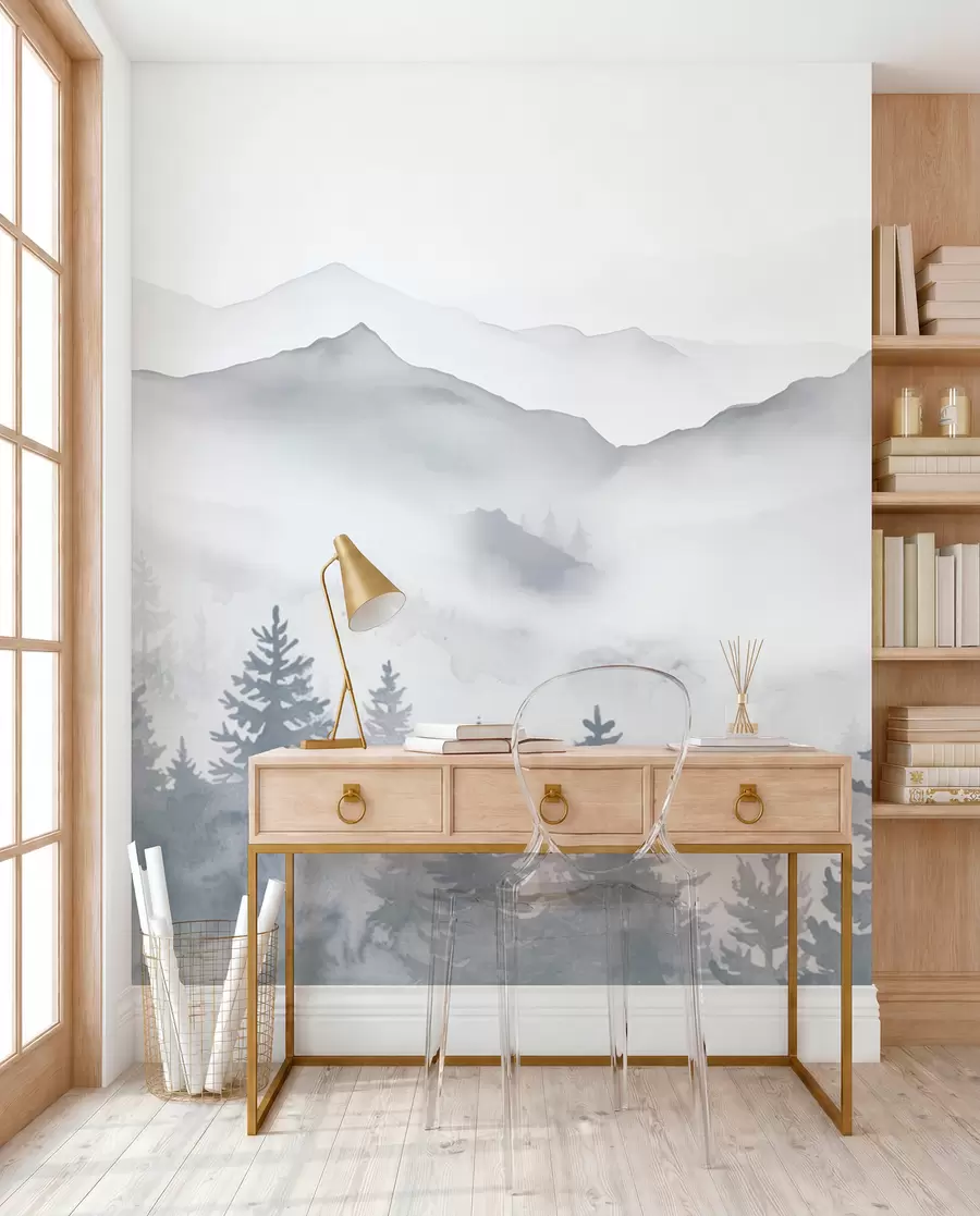 Papier peint Paysage de montagne serein avec des forêts brumeuses dans des tons gris et bleus doux w08680