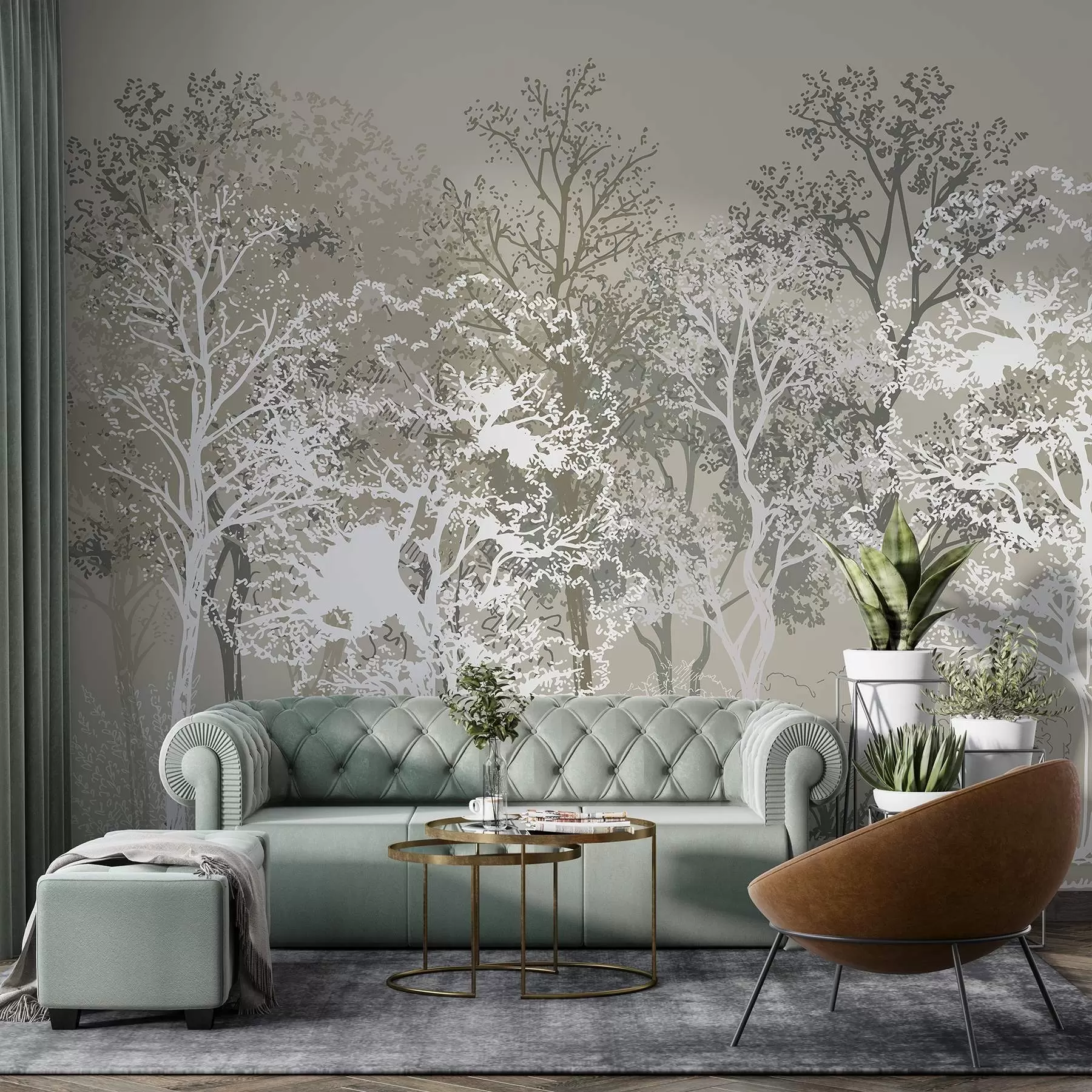 Papier peint Arbres dans la forêt, minimalisme, nature, palette de couleurs vertes  w02930v1