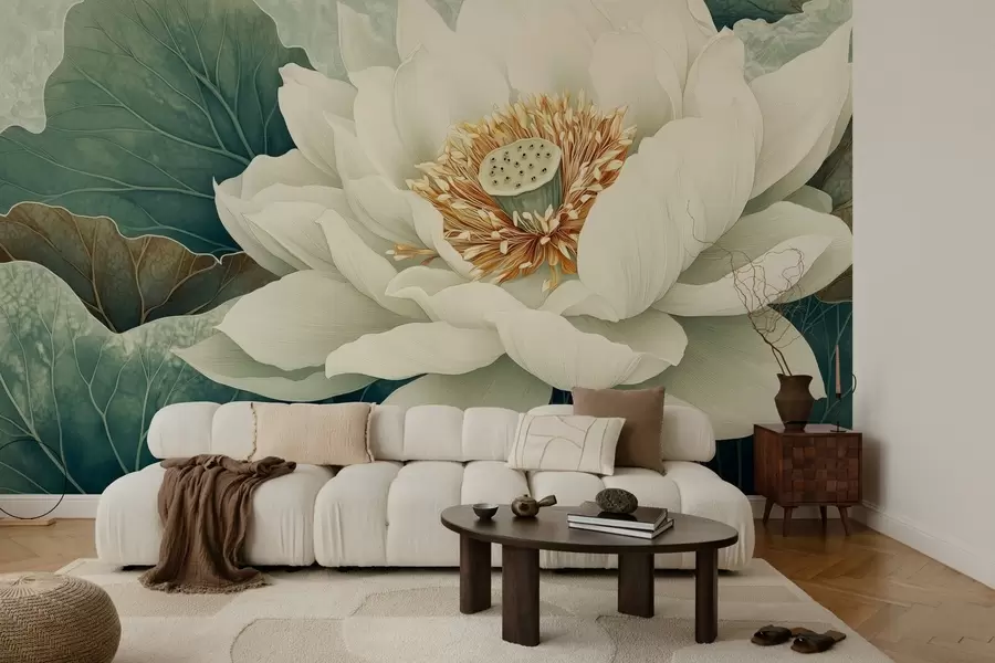 Papier peint Grand nénuphar sur fond de feuilles w02905