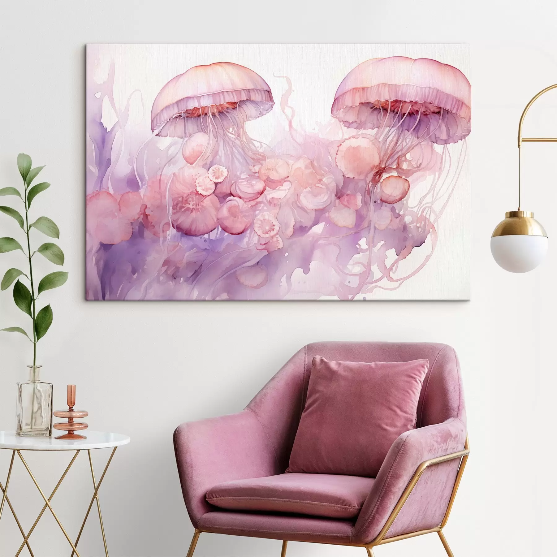 Papier peint Méduse rose flottant au milieu d'un tourbillon de teintes roses et violettes, entourée de formes abstraites  s42730