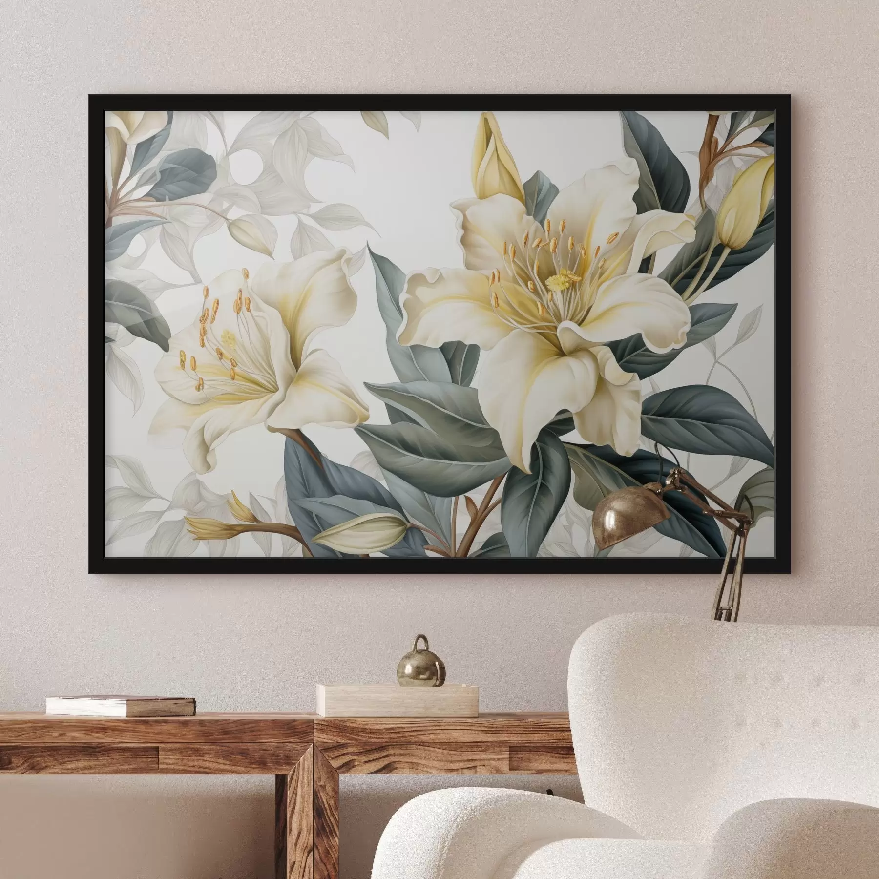 Papier peint Illustration botanique de fleurs blanches et jaunes pâles aux pétales complexes, entourées de feuilles vertes f42712