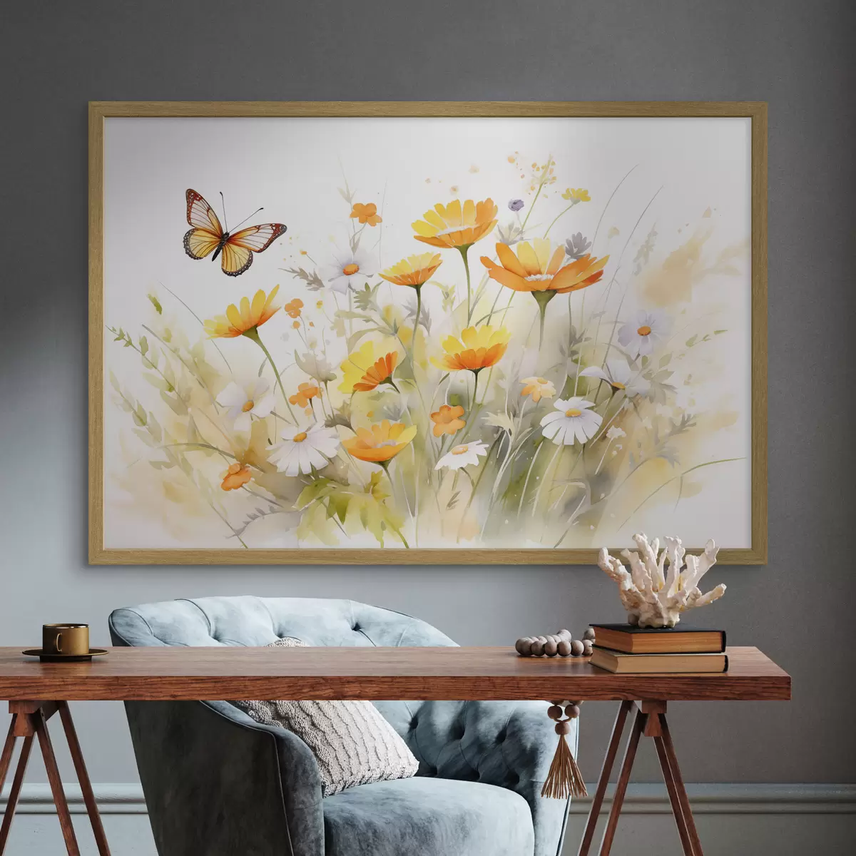 Poster Un champ de fleurs vibrant, semblable à une aquarelle, avec des marguerites orange et blanches, et un papillon qui volette à proximité f42714