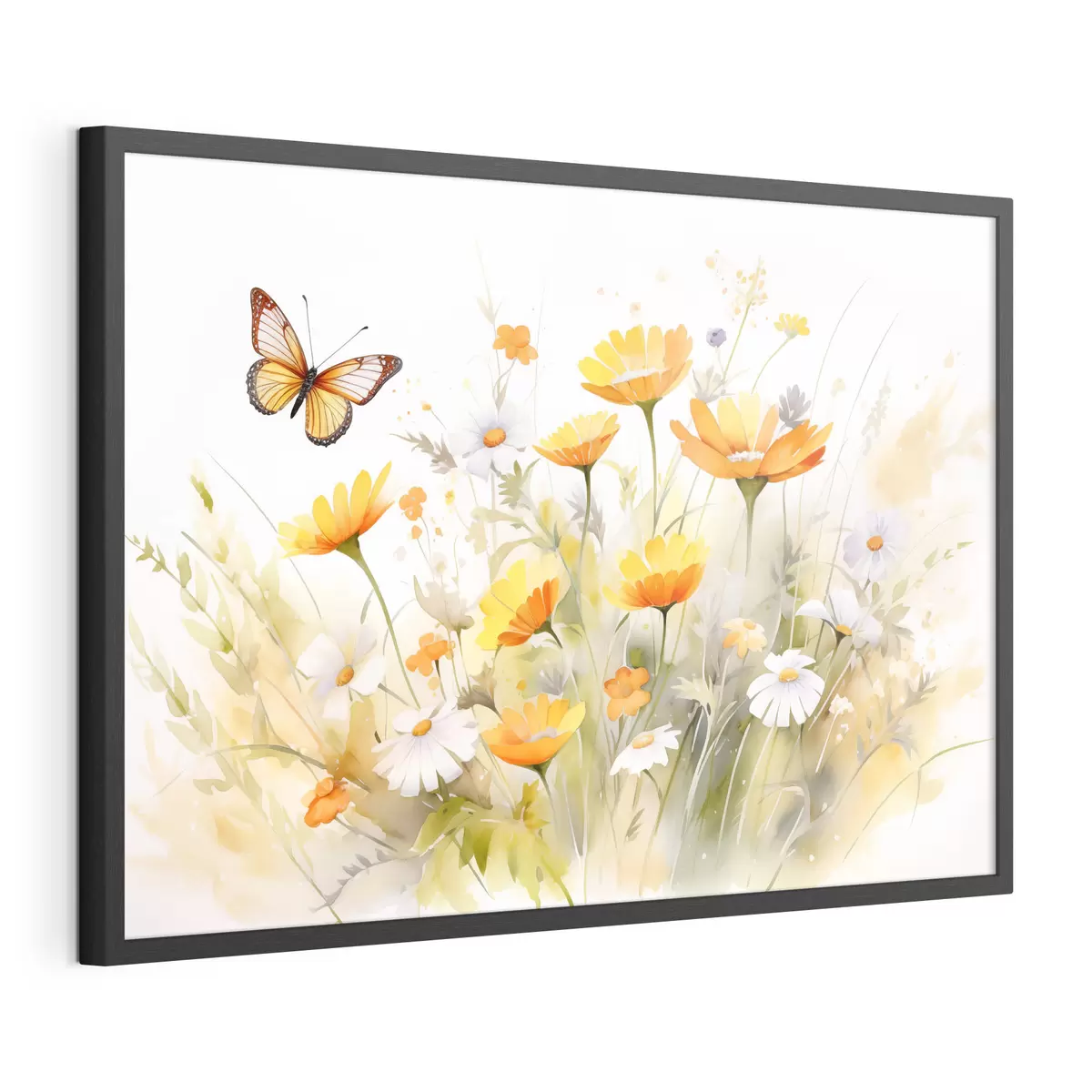 Poster Un champ de fleurs vibrant, semblable à une aquarelle, avec des marguerites orange et blanches, et un papillon qui volette à proximité f42714