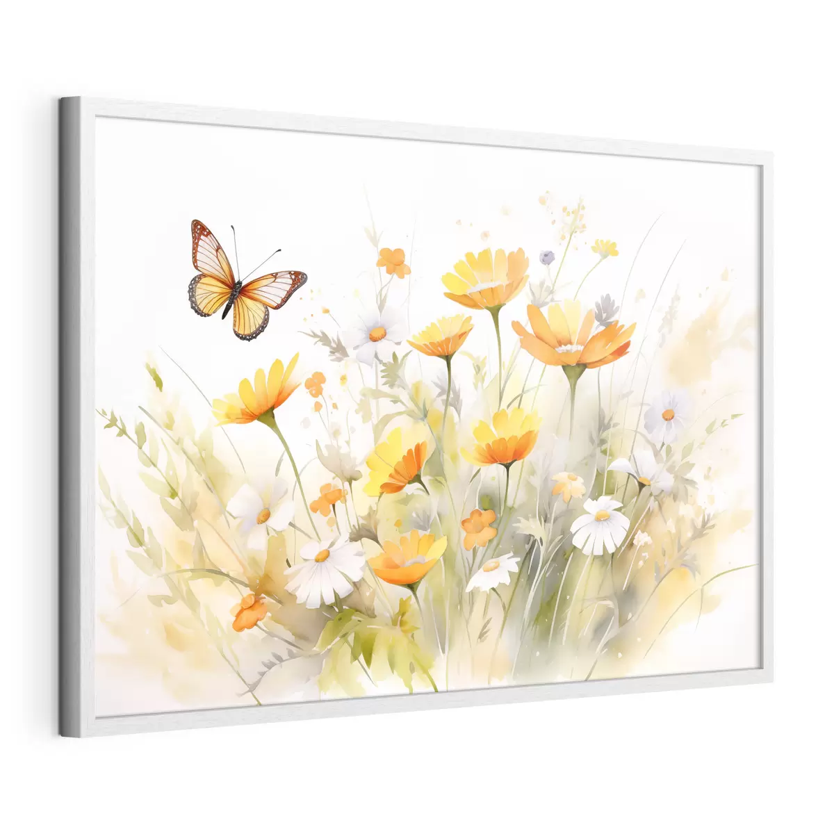 Poster Un champ de fleurs vibrant, semblable à une aquarelle, avec des marguerites orange et blanches, et un papillon qui volette à proximité f42714