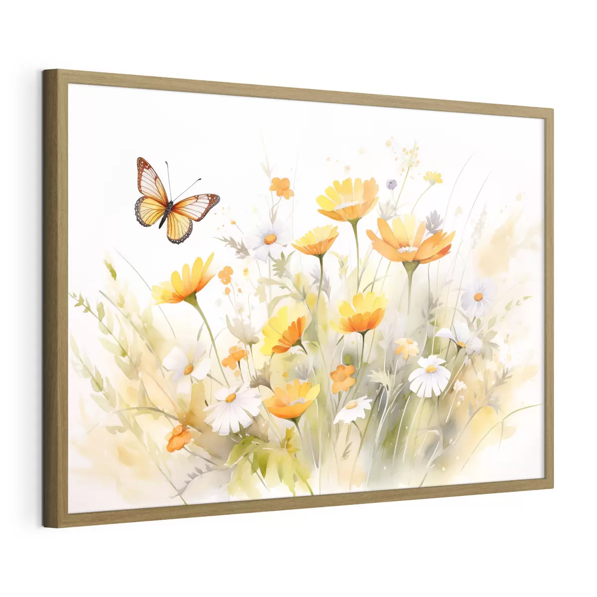 Poster Un champ de fleurs vibrant, semblable à une aquarelle, avec des marguerites orange et blanches, et un papillon qui volette à proximité f42714