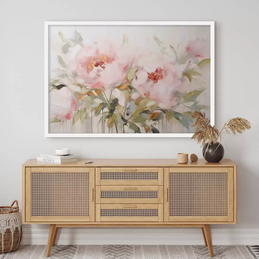 Papier peint Peinture à l'huile imitant de grandes pivoines roses aux pétales souples et aux centres jaunes, entourées de feuilles vertes f42720