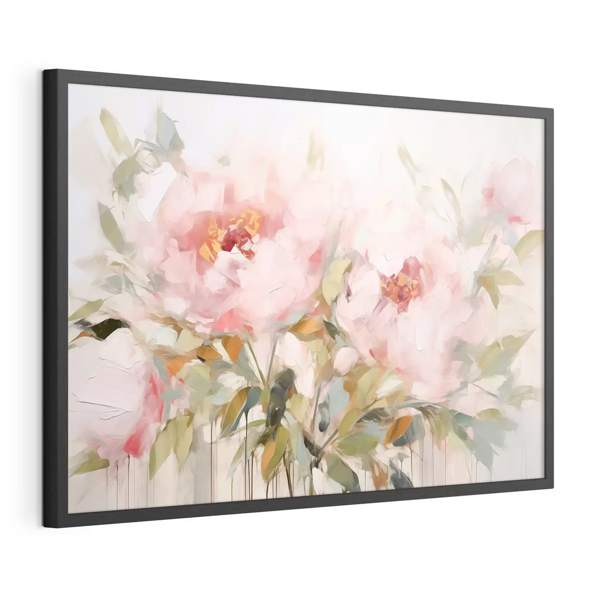 Poster Peinture à l'huile imitant de grandes pivoines roses aux pétales souples et aux centres jaunes, entourées de feuilles vertes f42720
