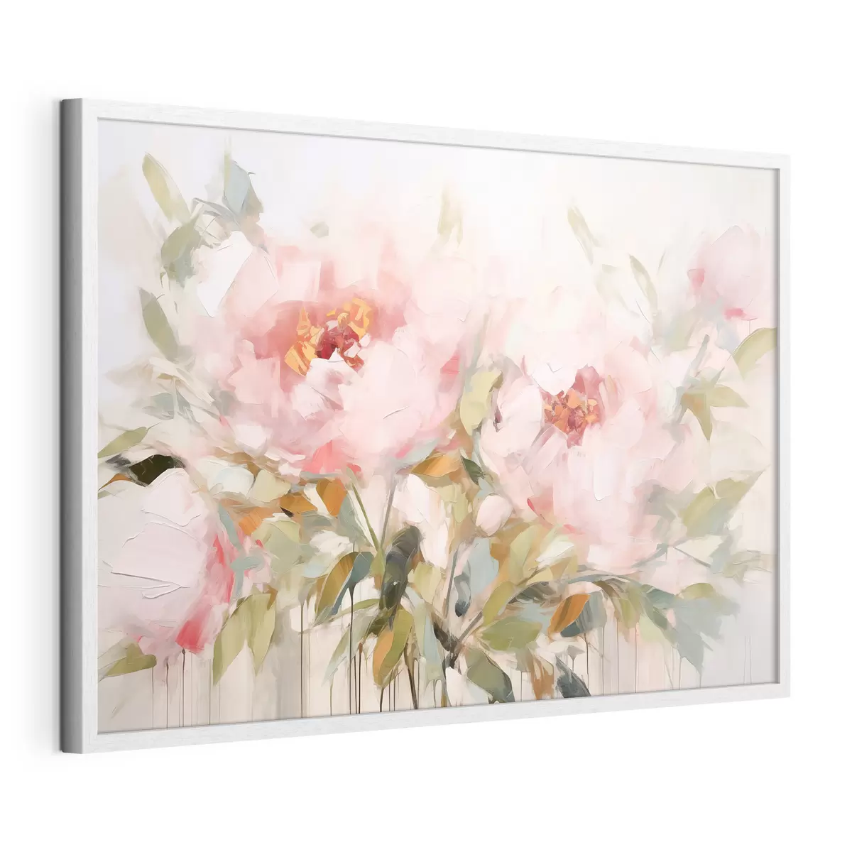 Poster Peinture à l'huile imitant de grandes pivoines roses aux pétales souples et aux centres jaunes, entourées de feuilles vertes f42720